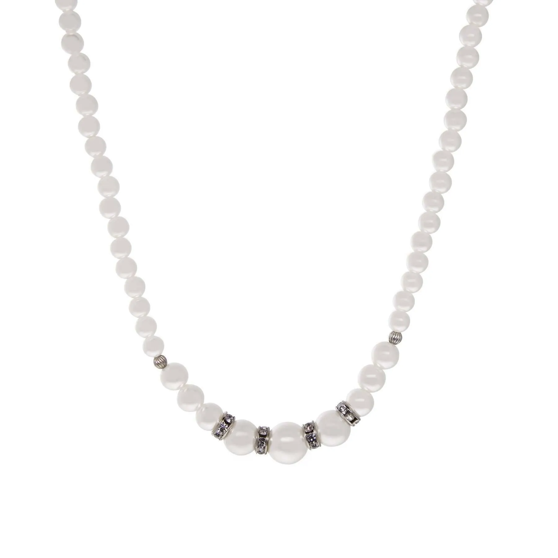 1928 Jewelry Graduated Faux Pearl Strand & Crystal Necklace 15"   3" Extension 1928 Jewelry