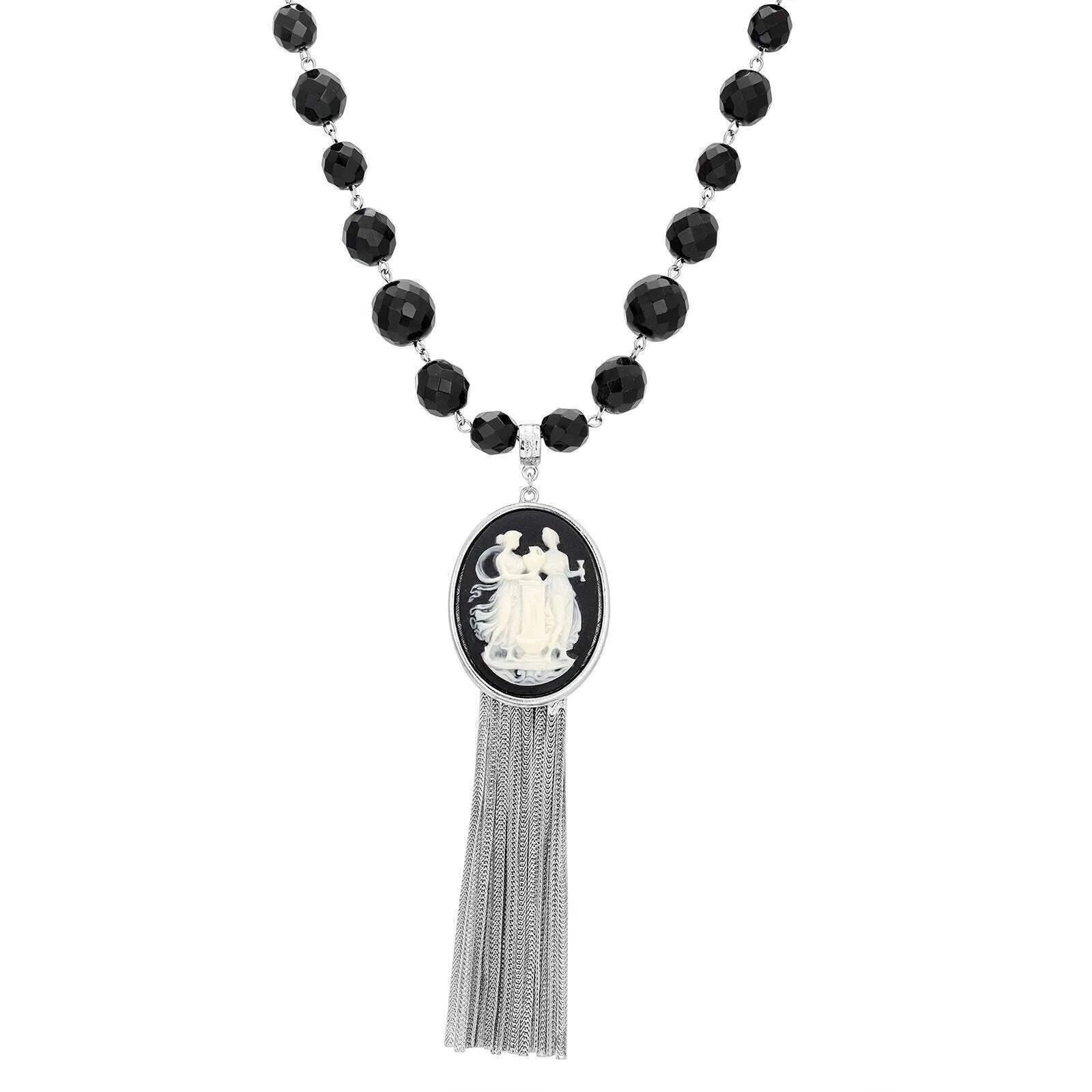 1928 Jewelry Grecian Women & Water Pitcher Cameo Pendant Tassel Necklace 28" 1928 Jewelry
