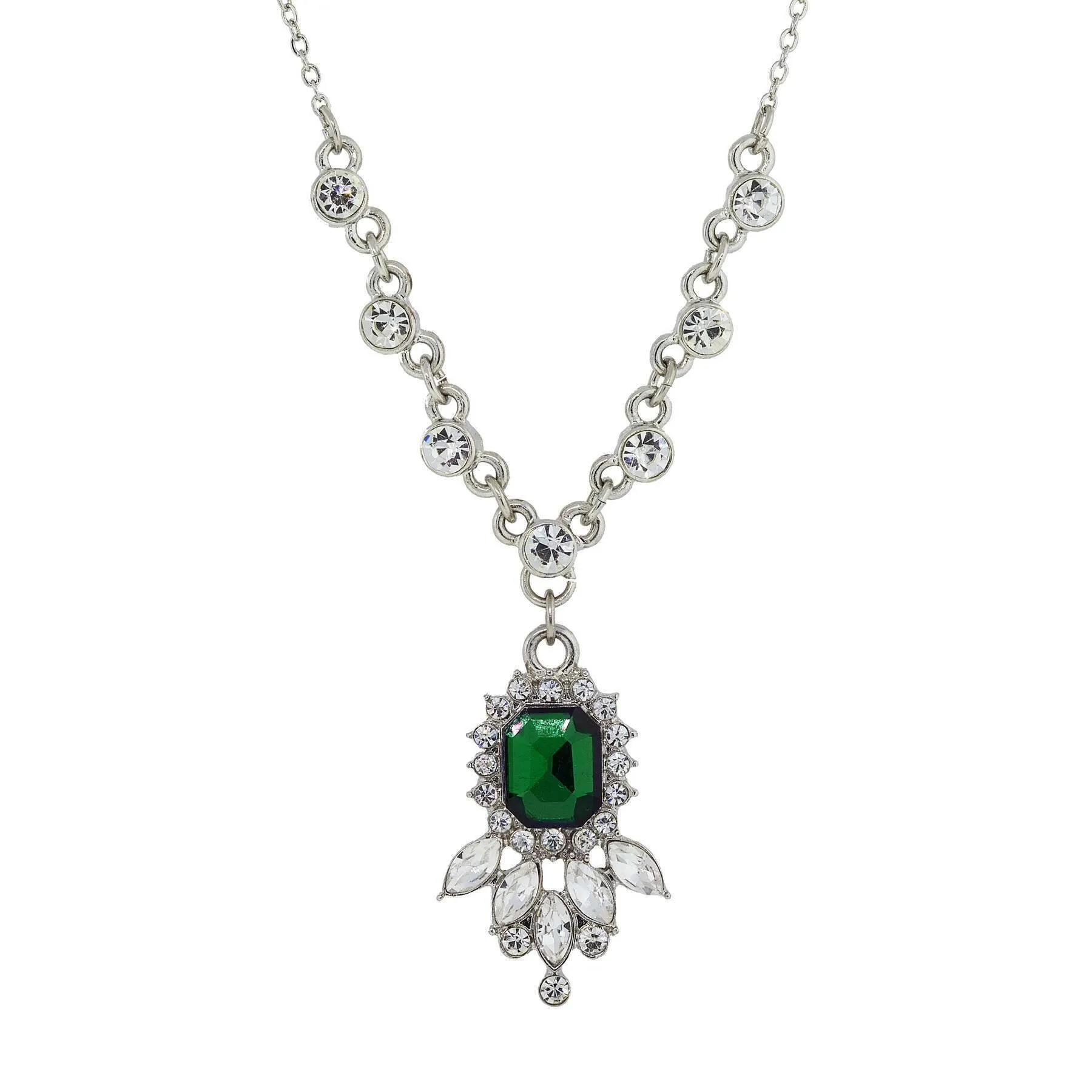1928 Jewelry Green And Crystal Pendant Necklace 16"   3" Extender 1928 Jewelry