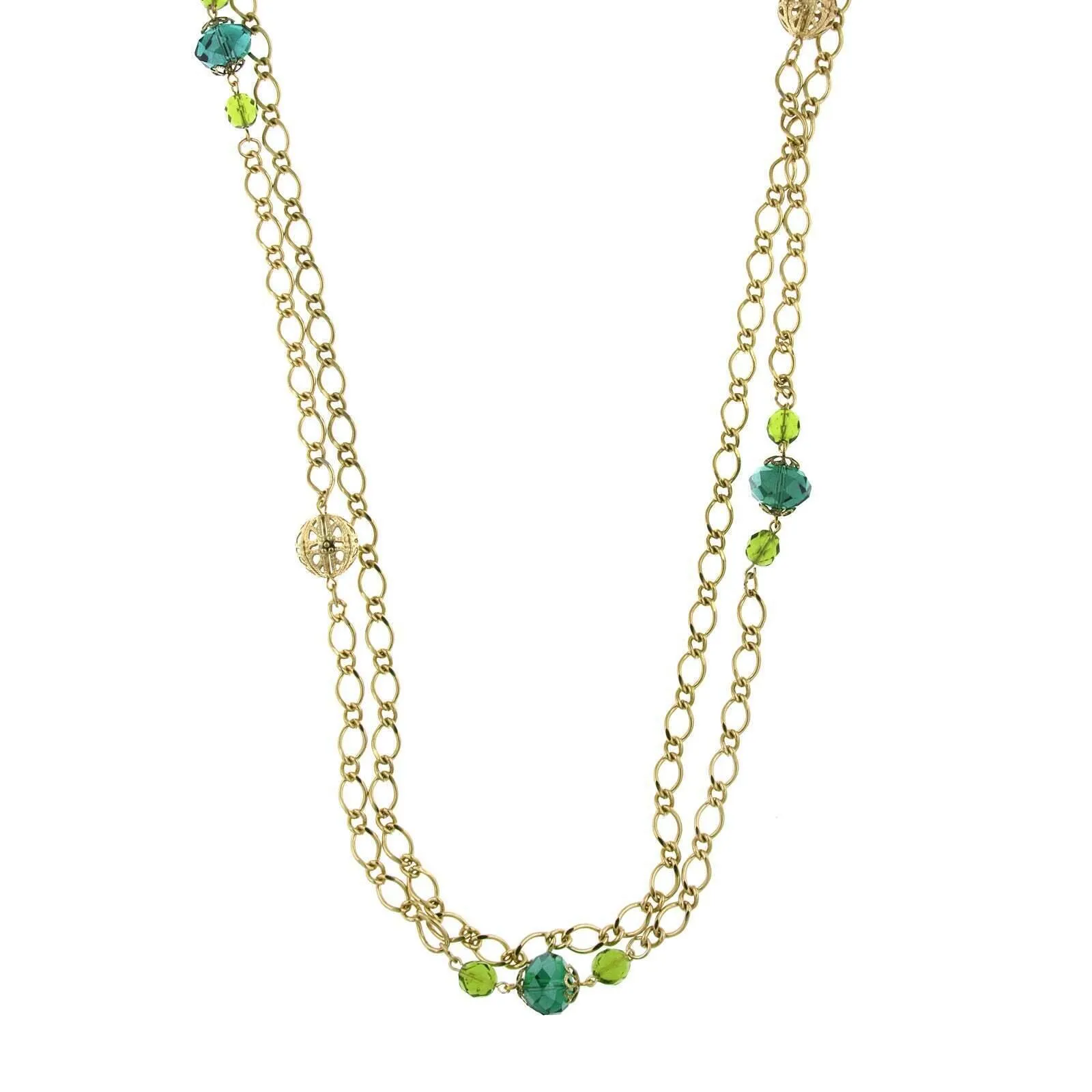 1928 Jewelry Green Crystal And Filigree Bead Long Necklace 42" 1928 Jewelry