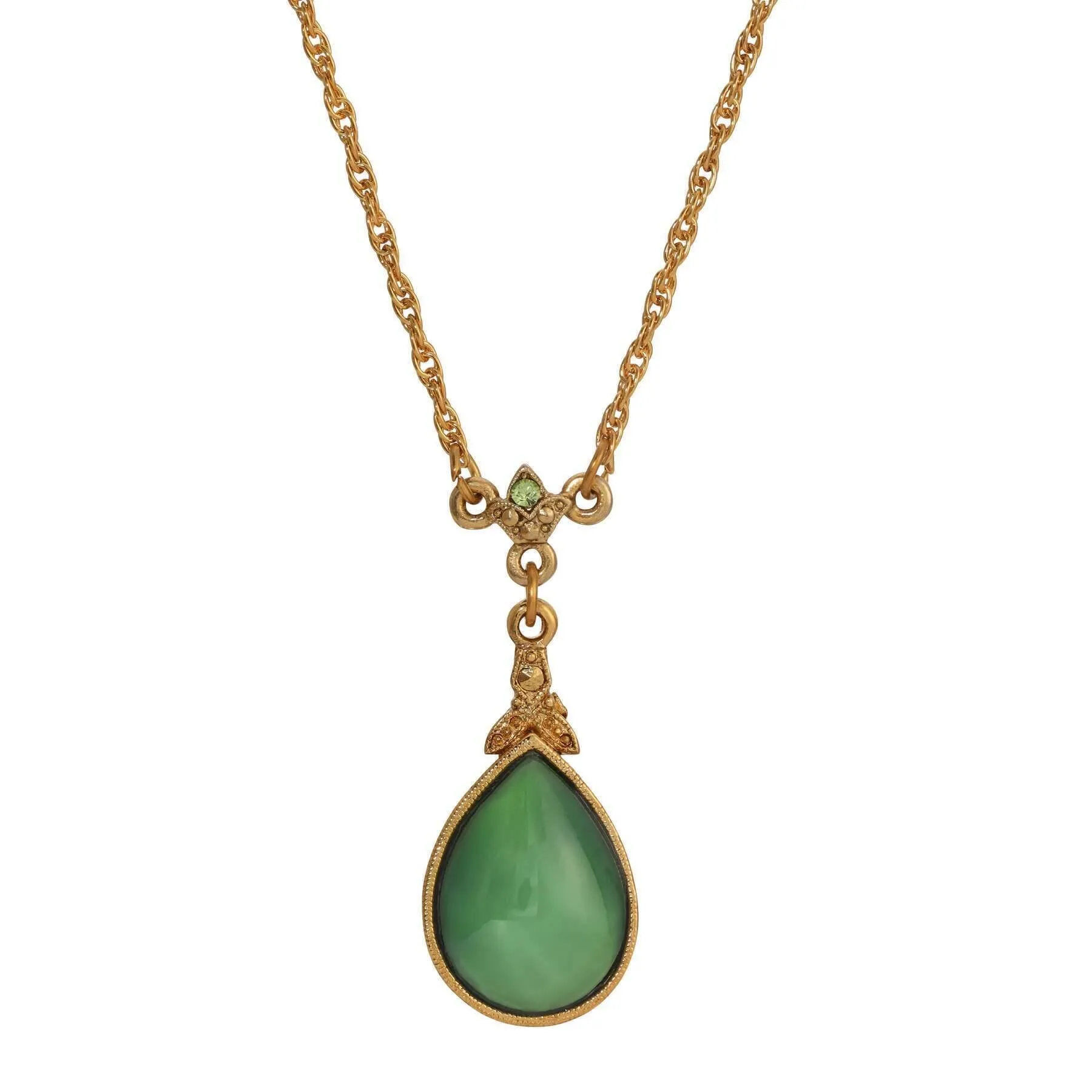 1928 Jewelry Green Glass Pear Moonstone Pendant Necklace 18" 1928 Jewelry