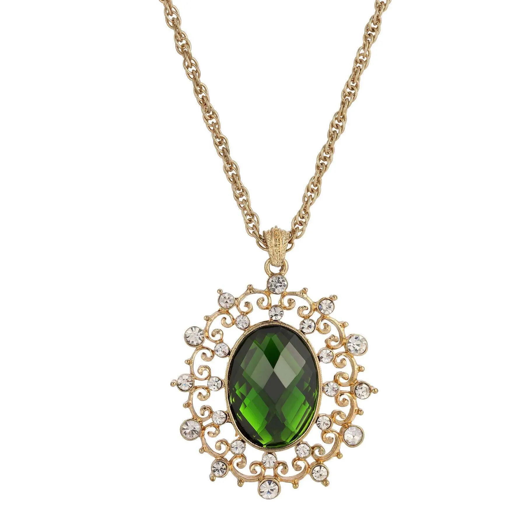 1928 Jewelry Green Stone And Crystal Large Oval Pendant Necklace 16"   3" Extender 1928 Jewelry