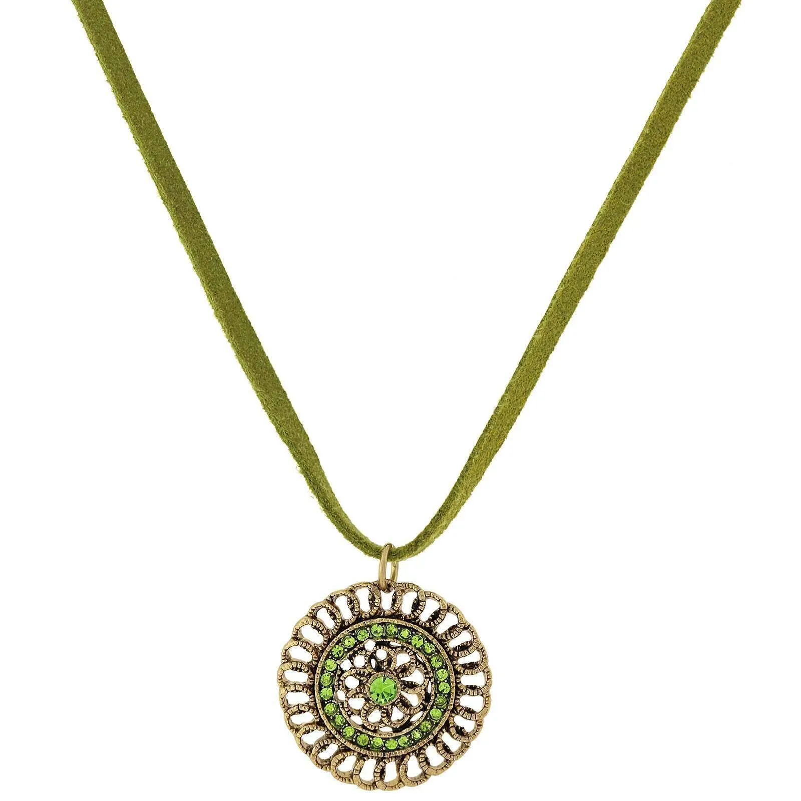 1928 Jewelry Green Velvet Choker Olivine Green Crystal Round Flower Pendant Necklace 16" 1928 Jewelry
