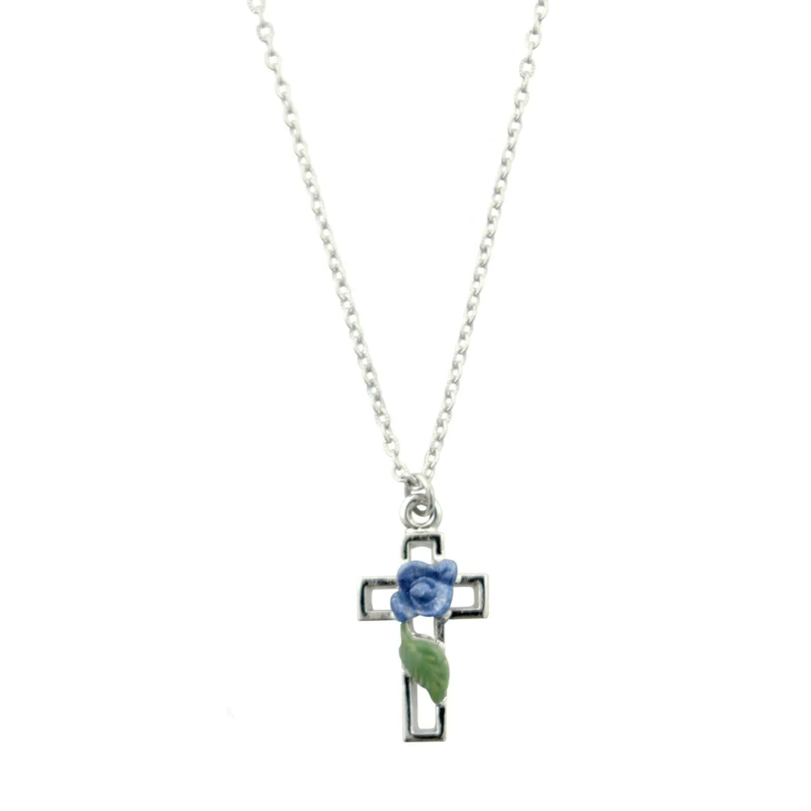 1928 Jewelry Hand Enameled Blue Rose And Leaf Cross Pendant Necklace 16"   3" Extender 1928 Jewelry