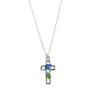 1928 Jewelry Hand Enameled Blue Rose And Leaf Cross Pendant Necklace 16"   3" Extender 1928 Jewelry