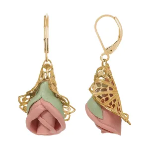 1928 Jewelry Hanging Porcelain Rose Filigree Drop Earrings 1928 Jewelry