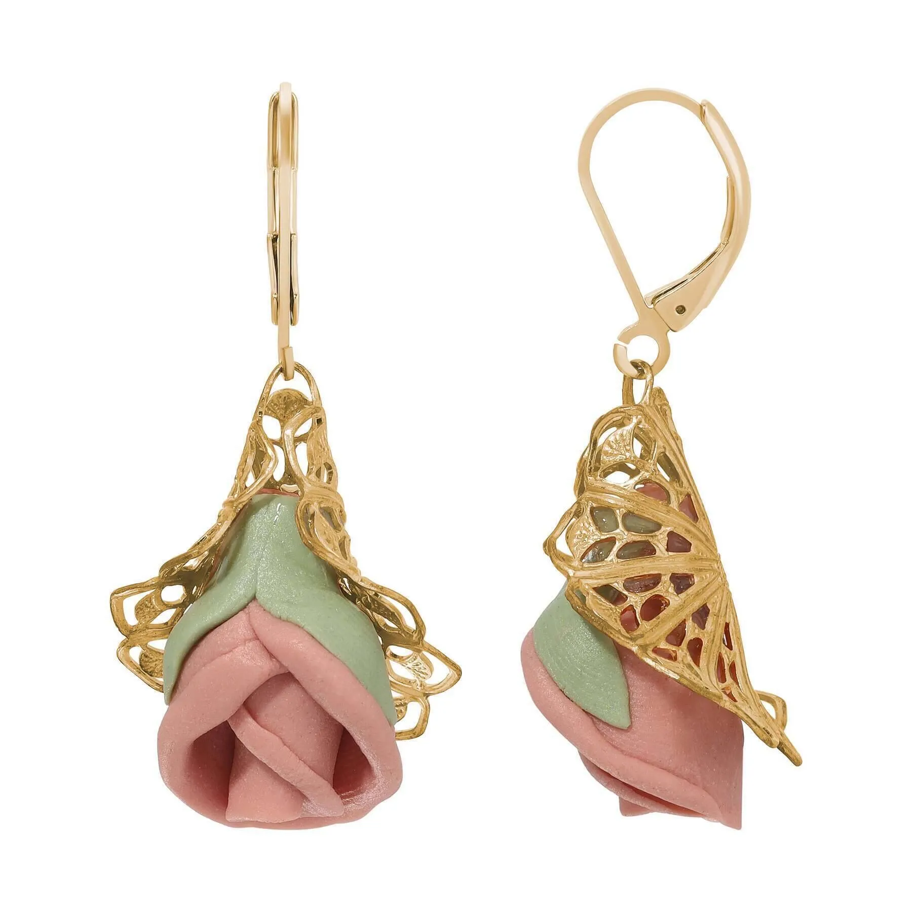 1928 Jewelry Hanging Porcelain Rose Filigree Drop Earrings 1928 Jewelry