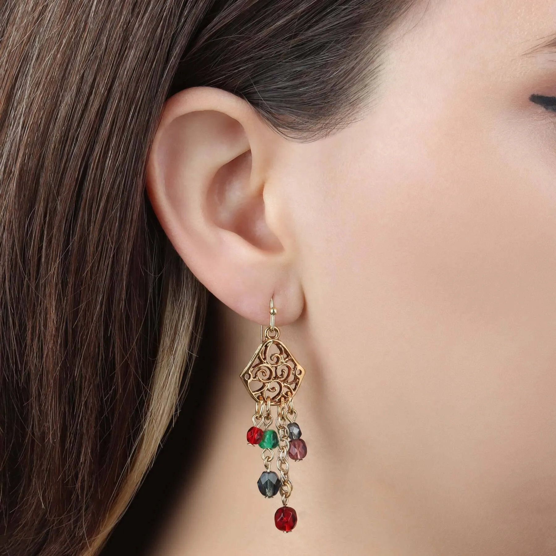 1928 Jewelry Harvest Crystals Filigree Dangling Earrings 1928 Jewelry