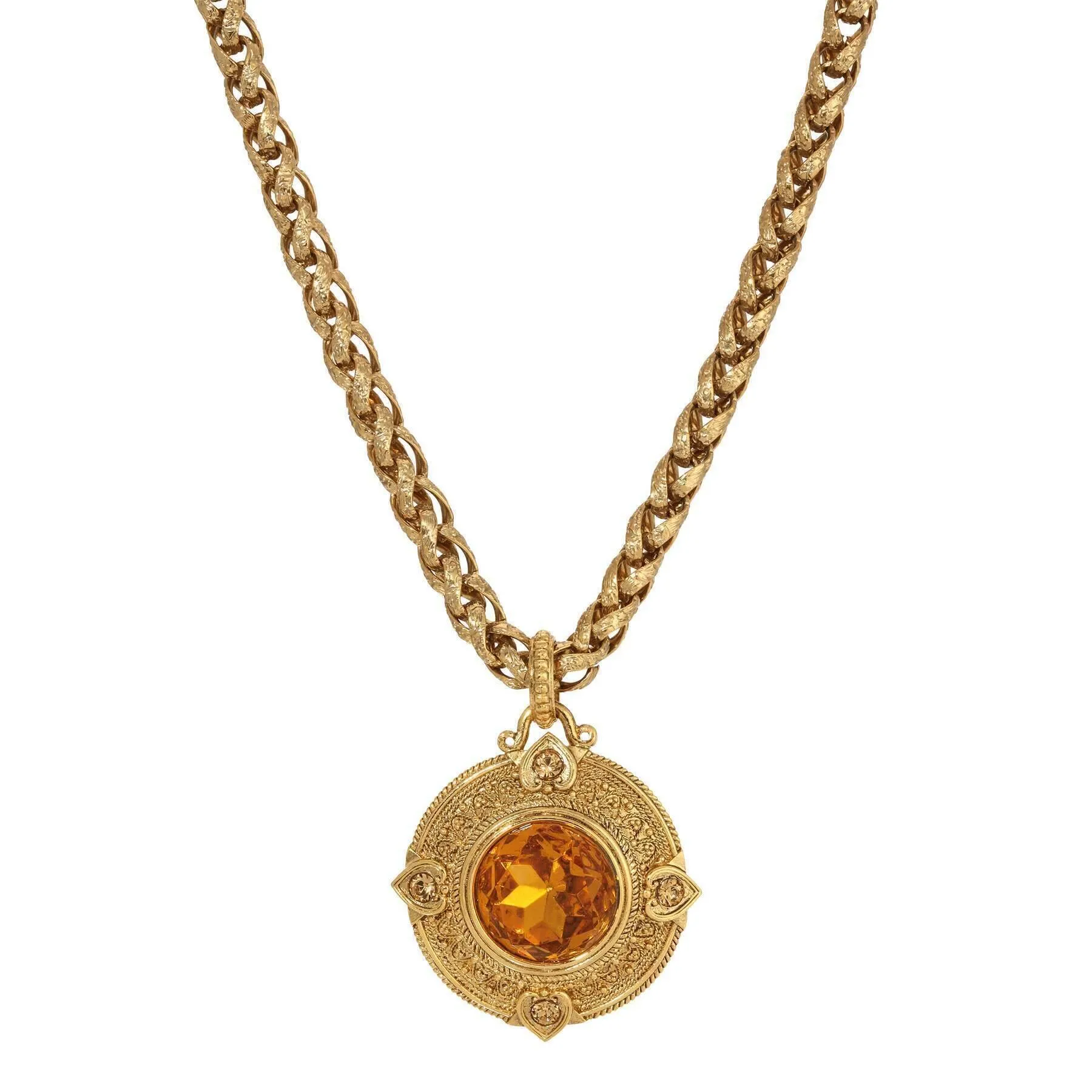 1928 Jewelry Heart & Topaz Crystals Round Pendant Necklace 16"   3" Extension 1928 Jewelry