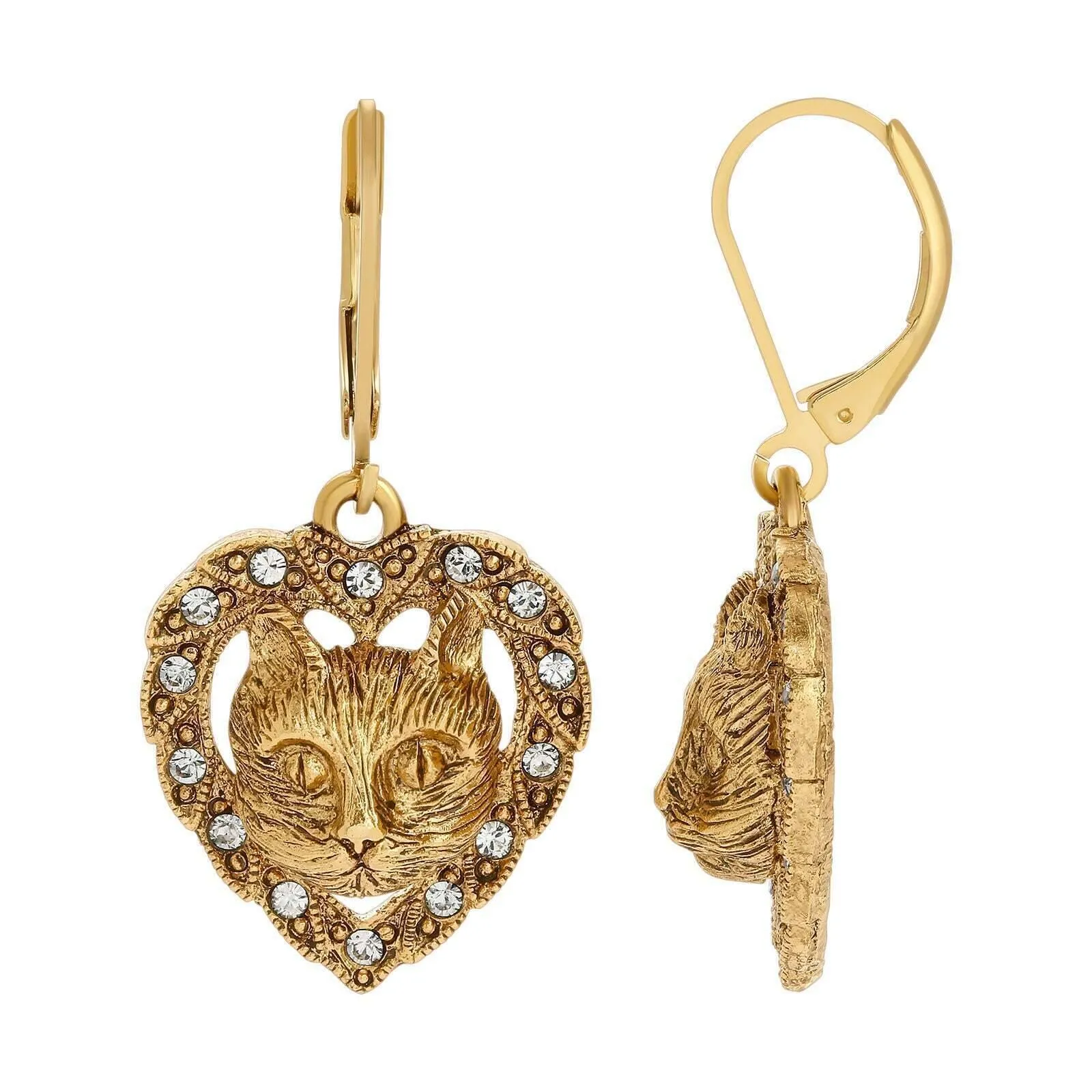 1928 Jewelry Heart And Cat Crystal Accent Lever Back Earrings 1928 Jewelry