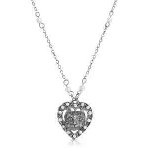 1928 Jewelry Heart And Cat Crystal Faux Pearl Pendant Necklace 16" 1928 Jewelry