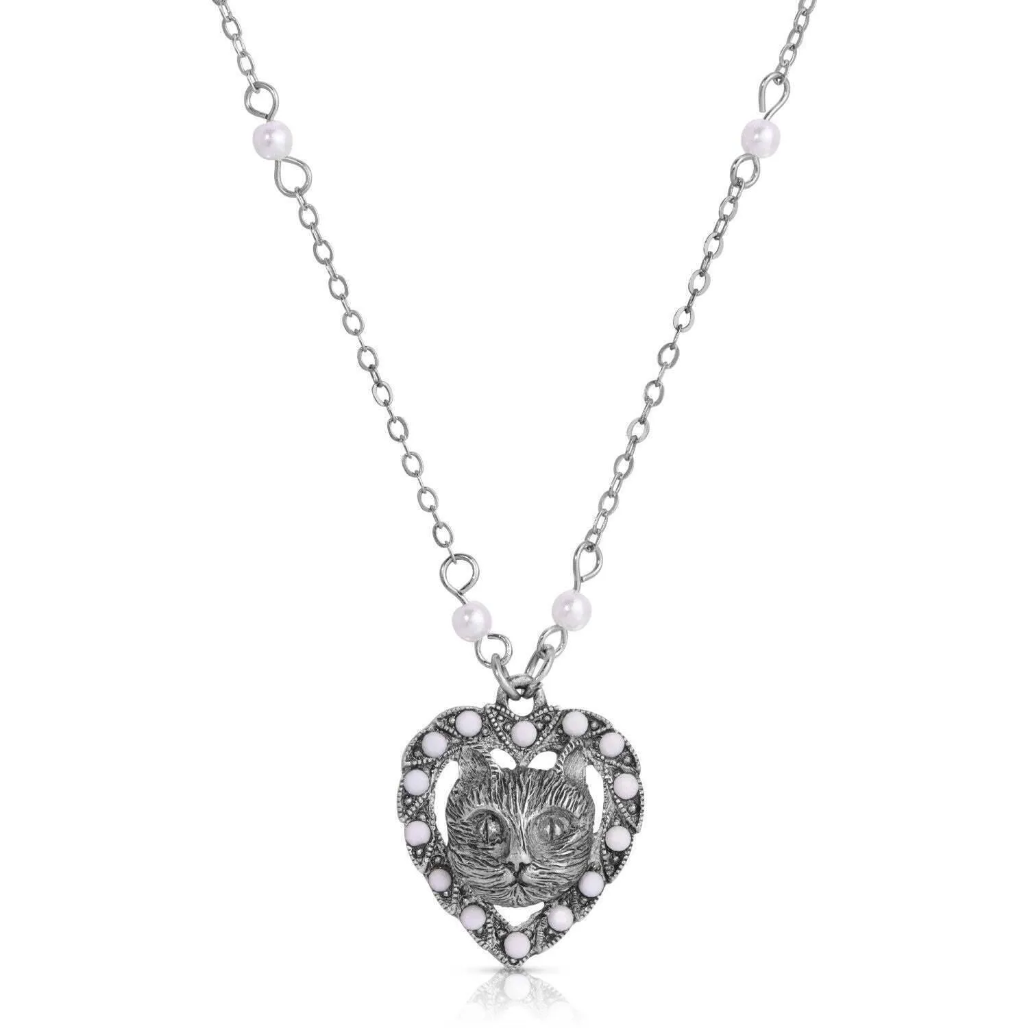 1928 Jewelry Heart And Cat Crystal Faux Pearl Pendant Necklace 16" 1928 Jewelry