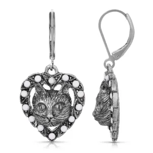 1928 Jewelry Heart And Cat White Opaque Accent Stone Lever Back Earrings 1928 Jewelry