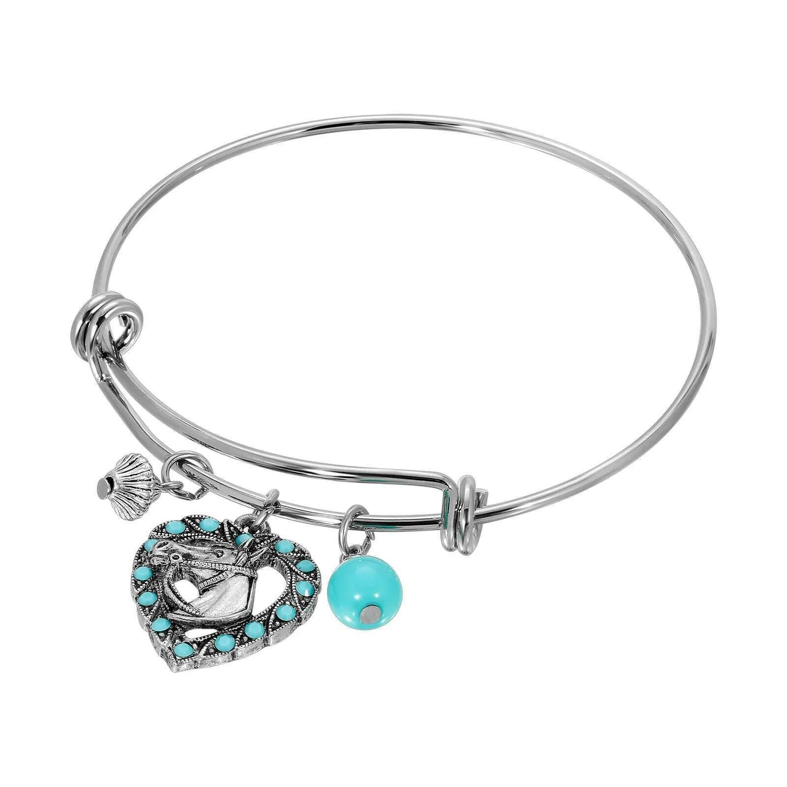 1928 Jewelry Heart Horse Head Turquoise Crystal & Charms Wire Bracelet 1928 Jewelry
