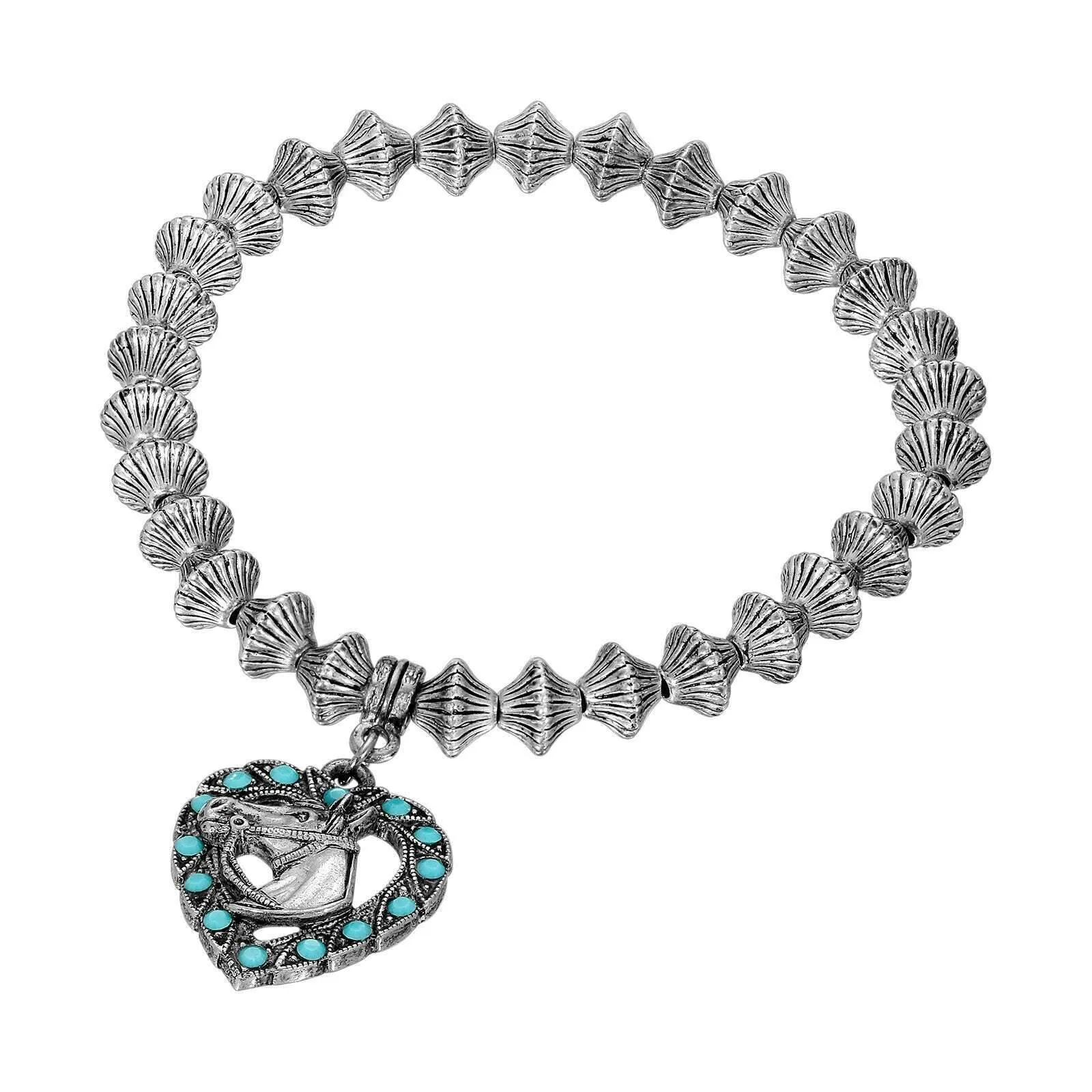 1928 Jewelry Heart Horse Head Turquoise Crystal Lantern Bead Stretch Bracelet 1928 Jewelry