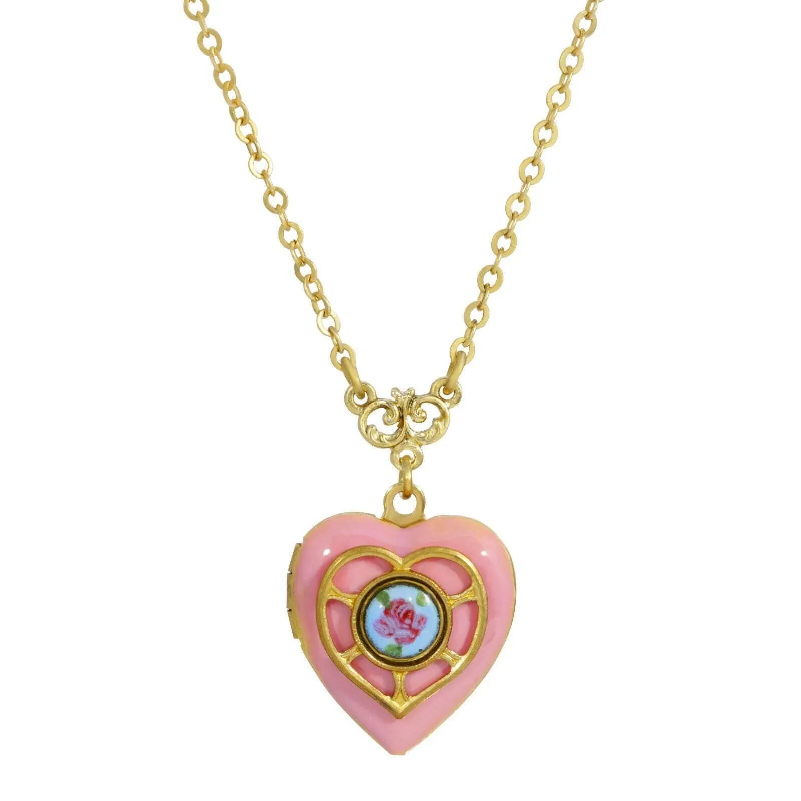 1928 Jewelry Heart Picture Locket Pink Rose Necklace 16"   3" Extender 1928 Jewelry
