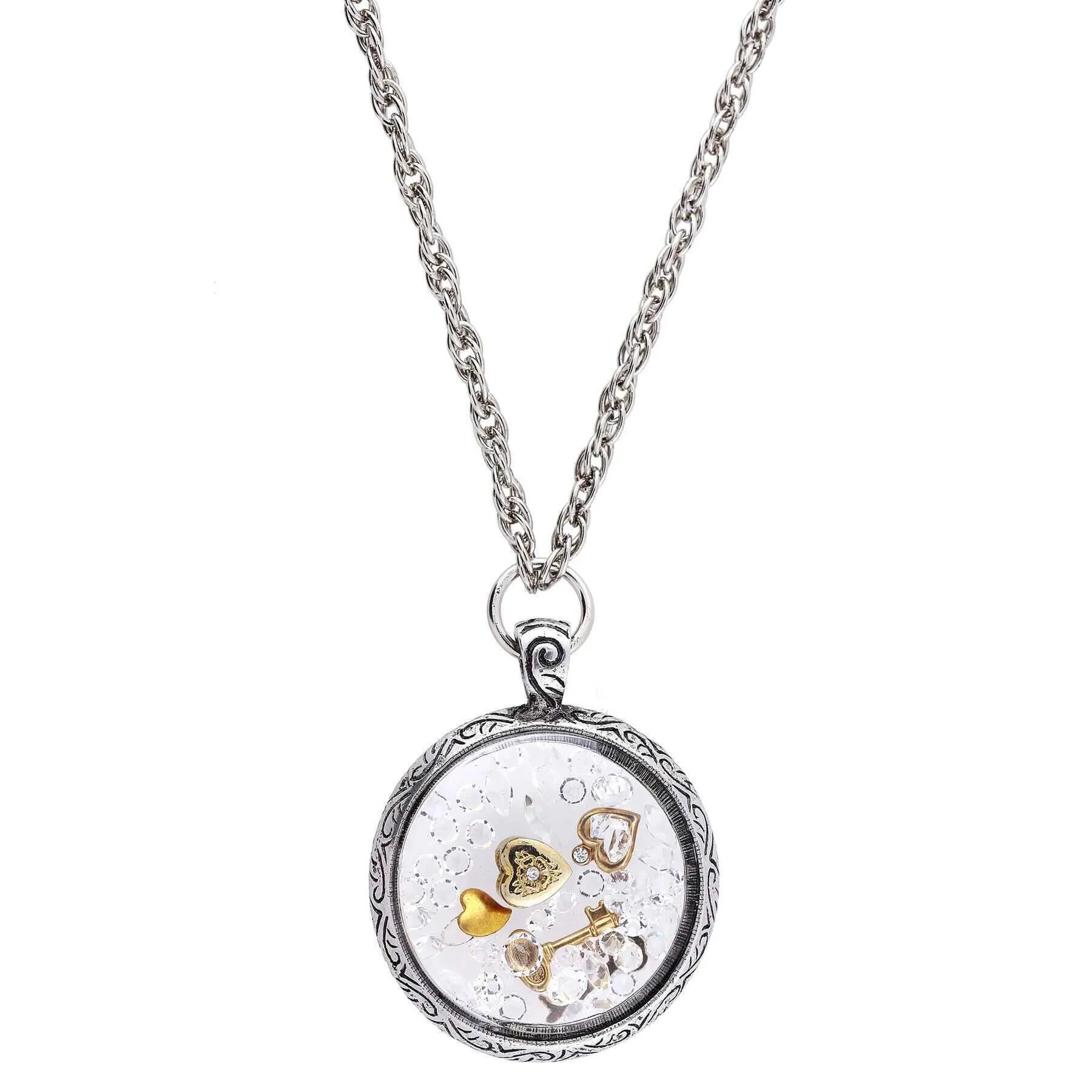1928 Jewelry Hearts Key And Crystals Round Pendant Necklace 30" 1928 Jewelry