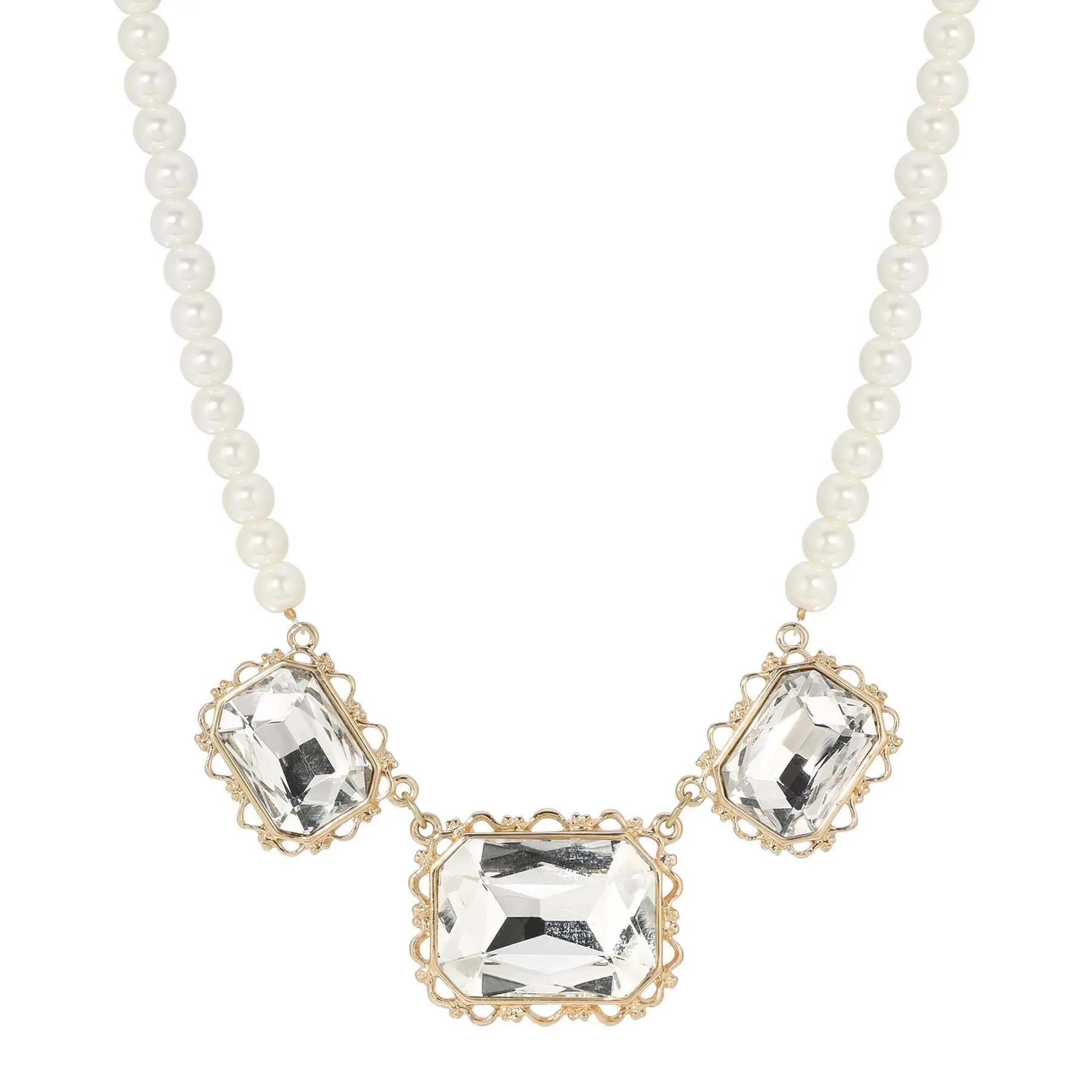 1928 Jewelry Heiress Triple Crystal Faux Pearl Stand Necklace 16"   3" Extension 1928 Jewelry