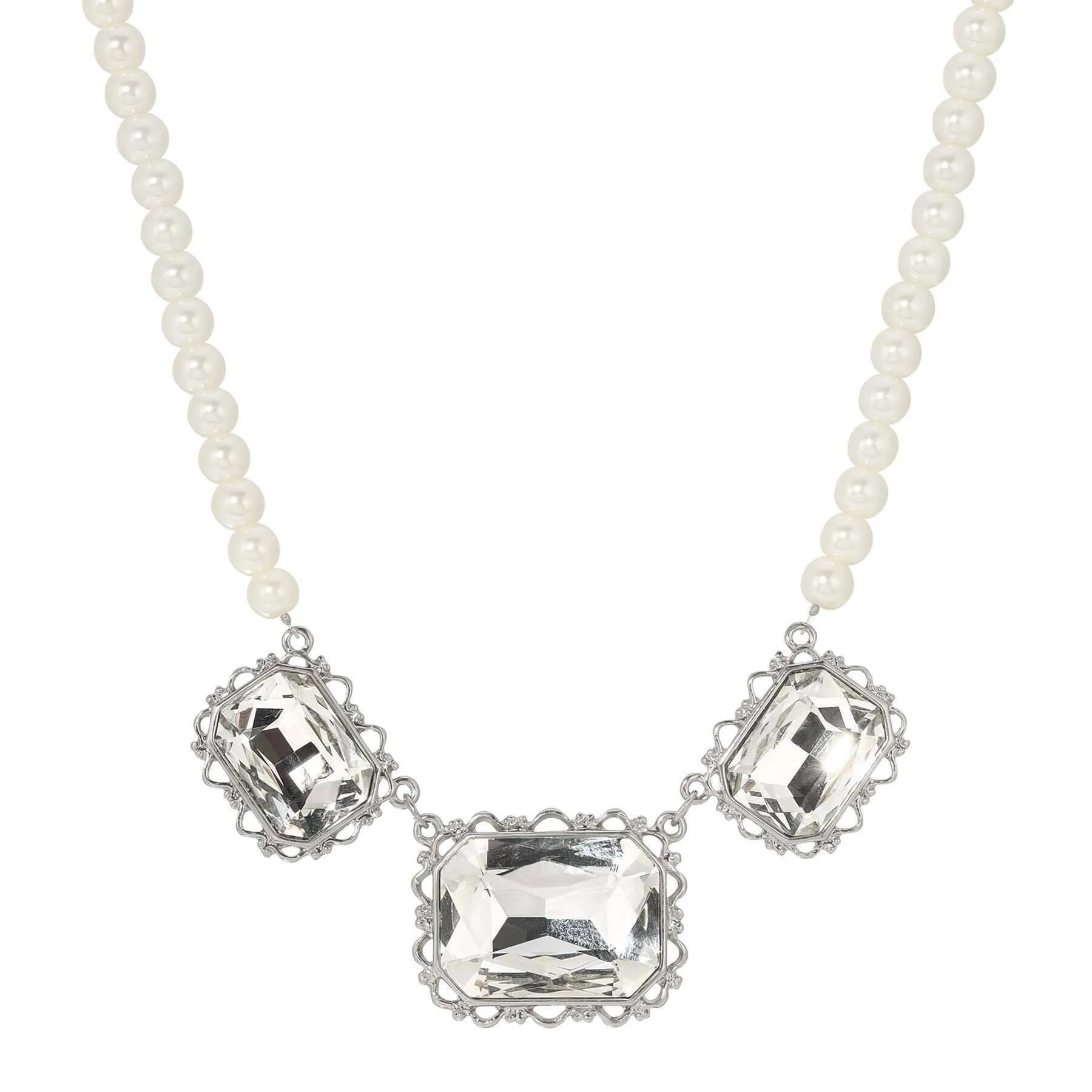1928 Jewelry Heiress Triple Crystal Faux Pearl Stand Necklace 16"   3" Extension 1928 Jewelry