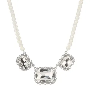 1928 Jewelry Heiress Triple Crystal Faux Pearl Stand Necklace 16"   3" Extension 1928 Jewelry