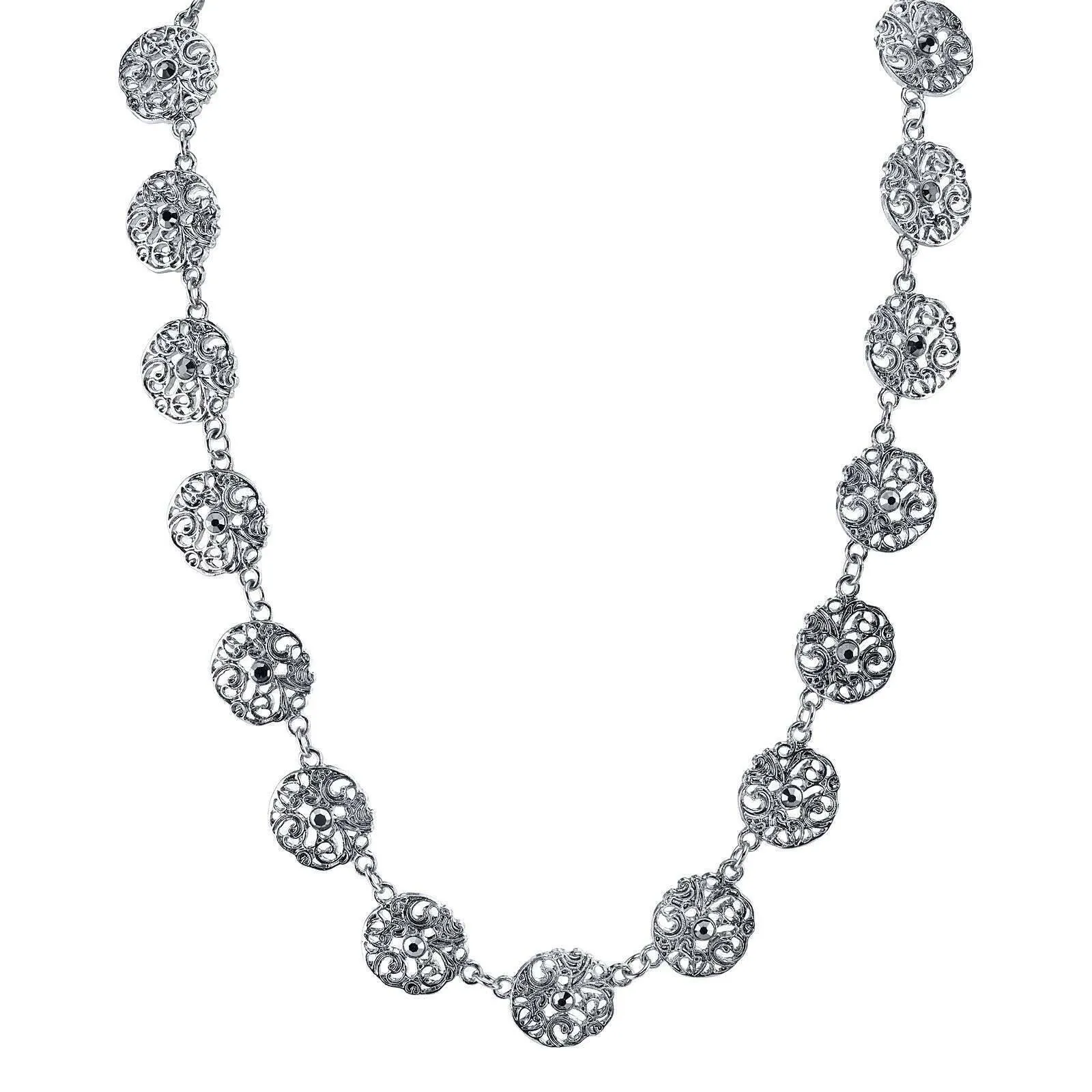 1928 Jewelry Hematite Crystal Filigree Disk Collar Necklace 16"   3" Extender 1928 Jewelry