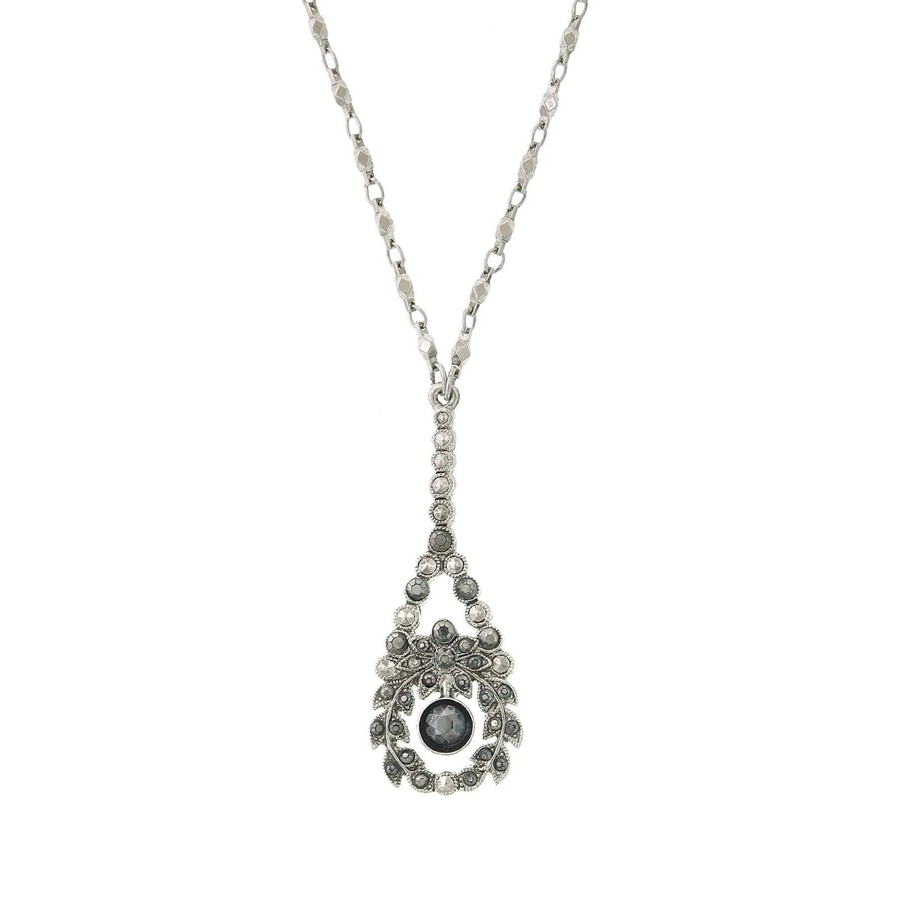 1928 Jewelry Hematite Crystal Teardrop Drop Pendant Necklace 16"   3" Extender 1928 Jewelry