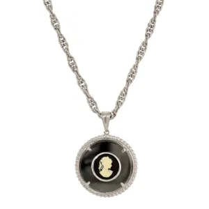 1928 Jewelry Hematite Gemstone Round Black & Ivory Cameo Pendant Necklace 18"L 1928 Jewelry