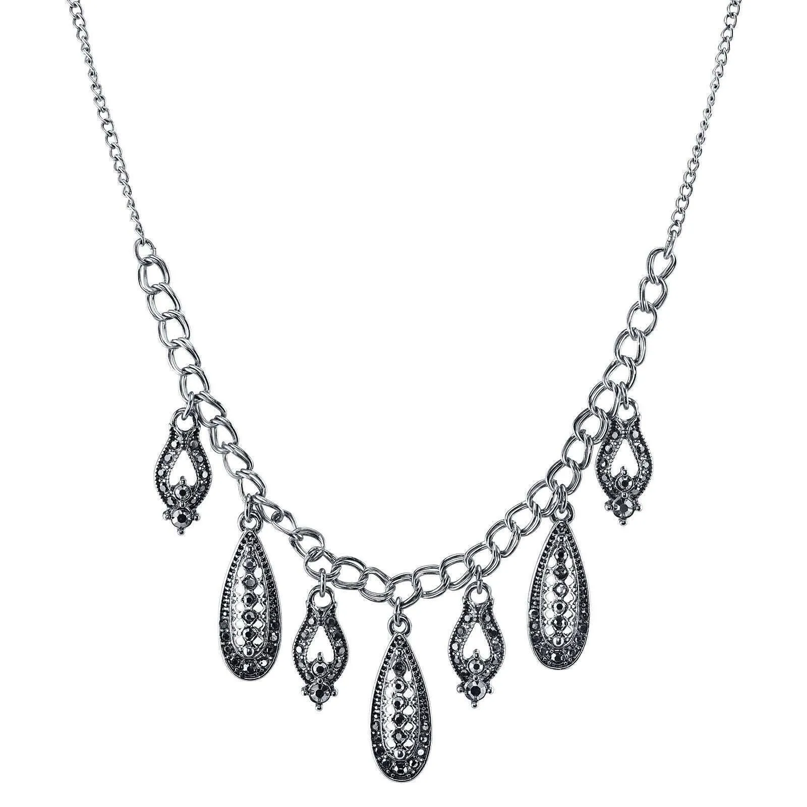 1928 Jewelry Hematite Glass Crystal Drop Necklace 16"   3" Extender 1928 Jewelry