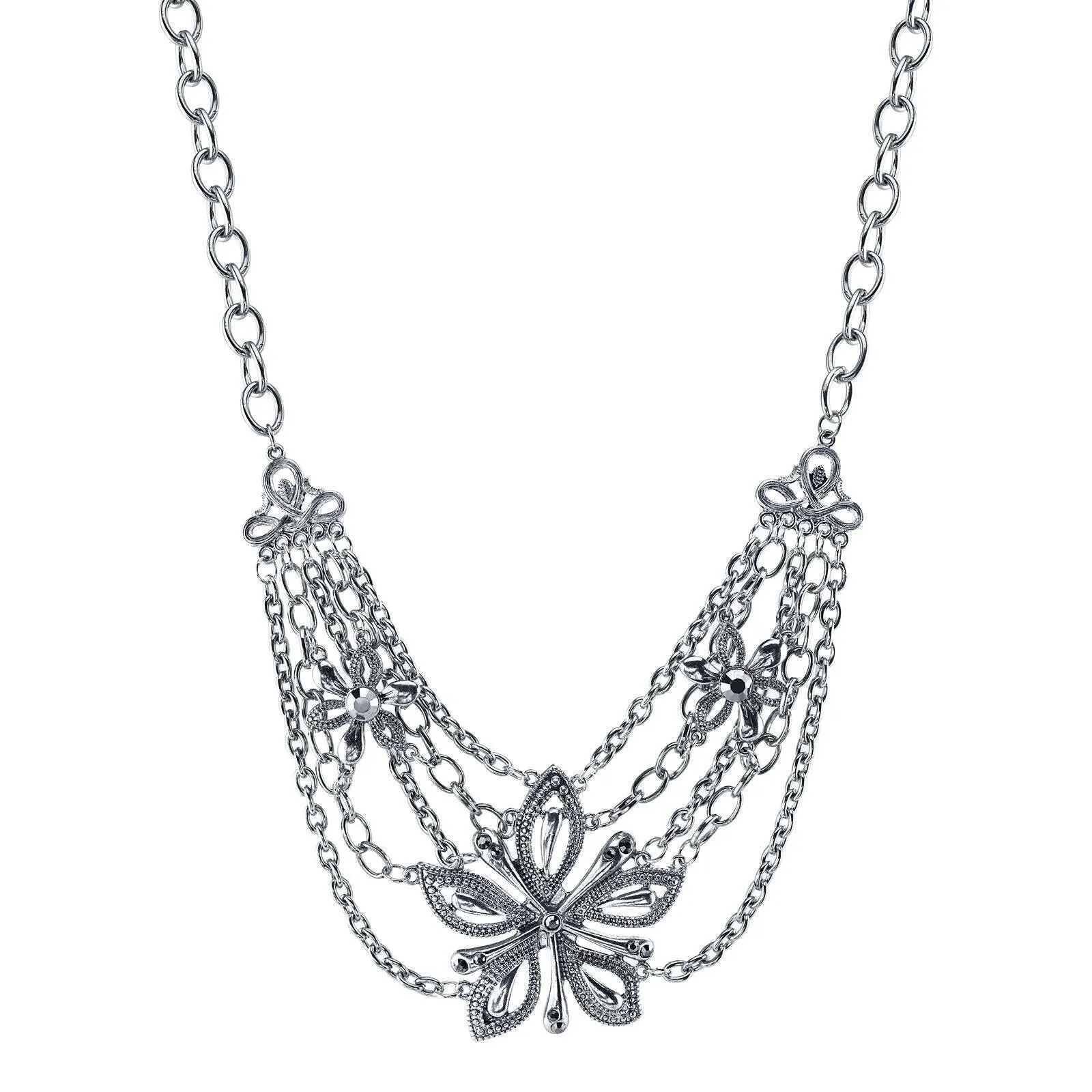 1928 Jewelry Hematite Glass Stone Crystal Flower Statement Necklace 16"   3" Extender 1928 Jewelry