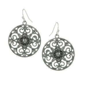 1928 Jewelry Hematite Round Filigree Drop Earrings 1928 Jewelry