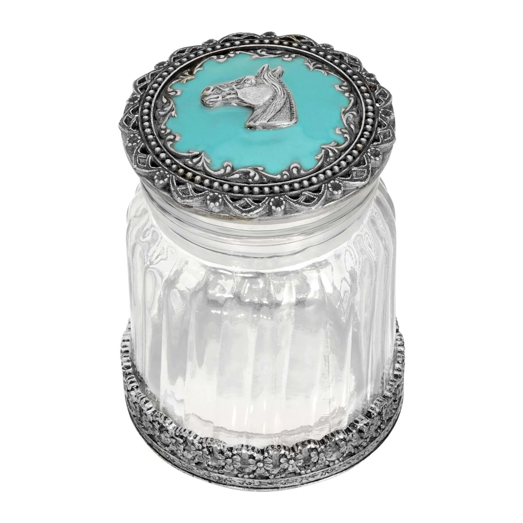 1928 Jewelry Horse Head Turquoise Enamel Ridged Glass Jar 1928 Jewelry