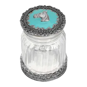 1928 Jewelry Horse Head Turquoise Enamel Ridged Glass Jar 1928 Jewelry