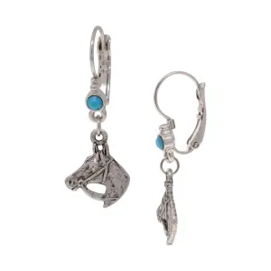 1928 Jewelry Horse With Bridle Round Turquoise Crystal Dangling Earrings 1928 Jewelry