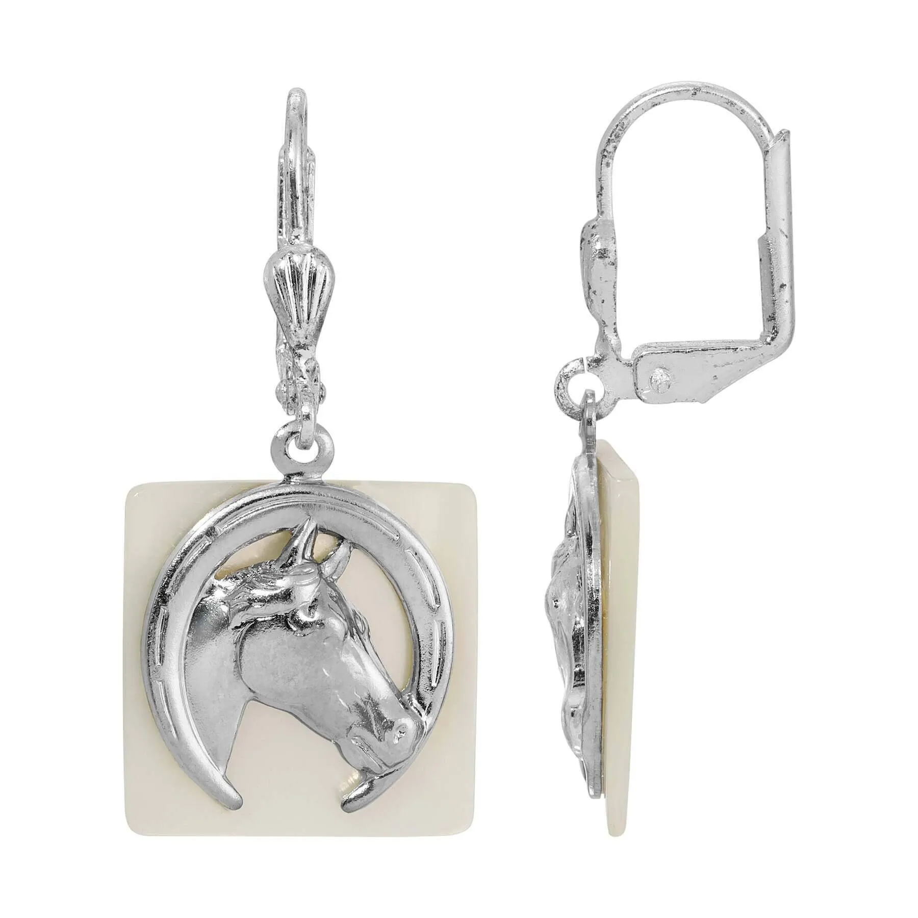 1928 Jewelry Horseshoe and Horse Head Motif Mother Of Pearl Drop Earrings 1928 Jewelry