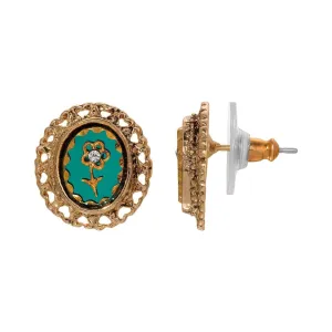 1928 Jewelry Intaglio Flower Emerald Green Glass Crystal Hearts Stud Earrings 1928 Jewelry