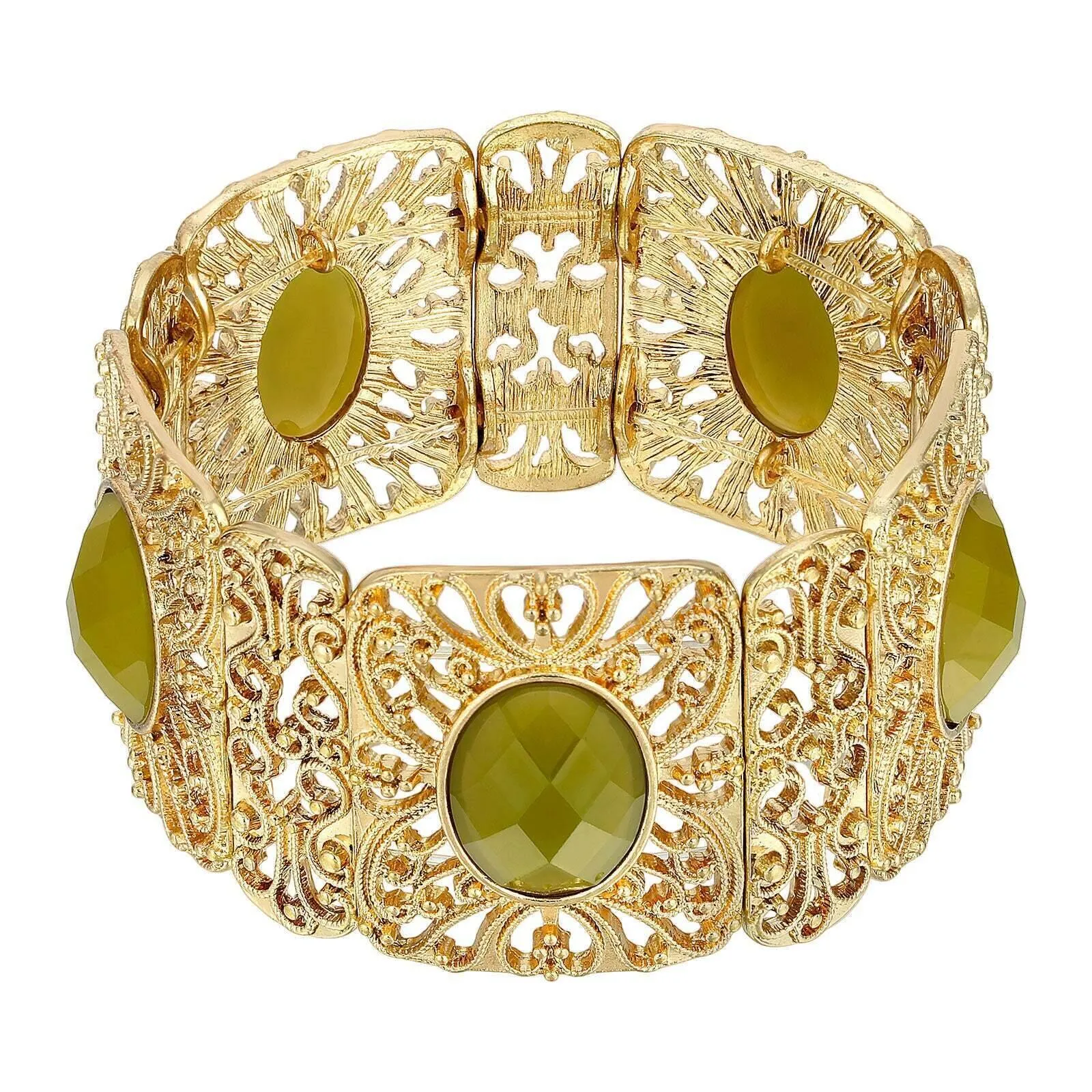 1928 Jewelry Intricate Filigree Oval High Dome Faceted Stretch Bracelet 1928 Jewelry