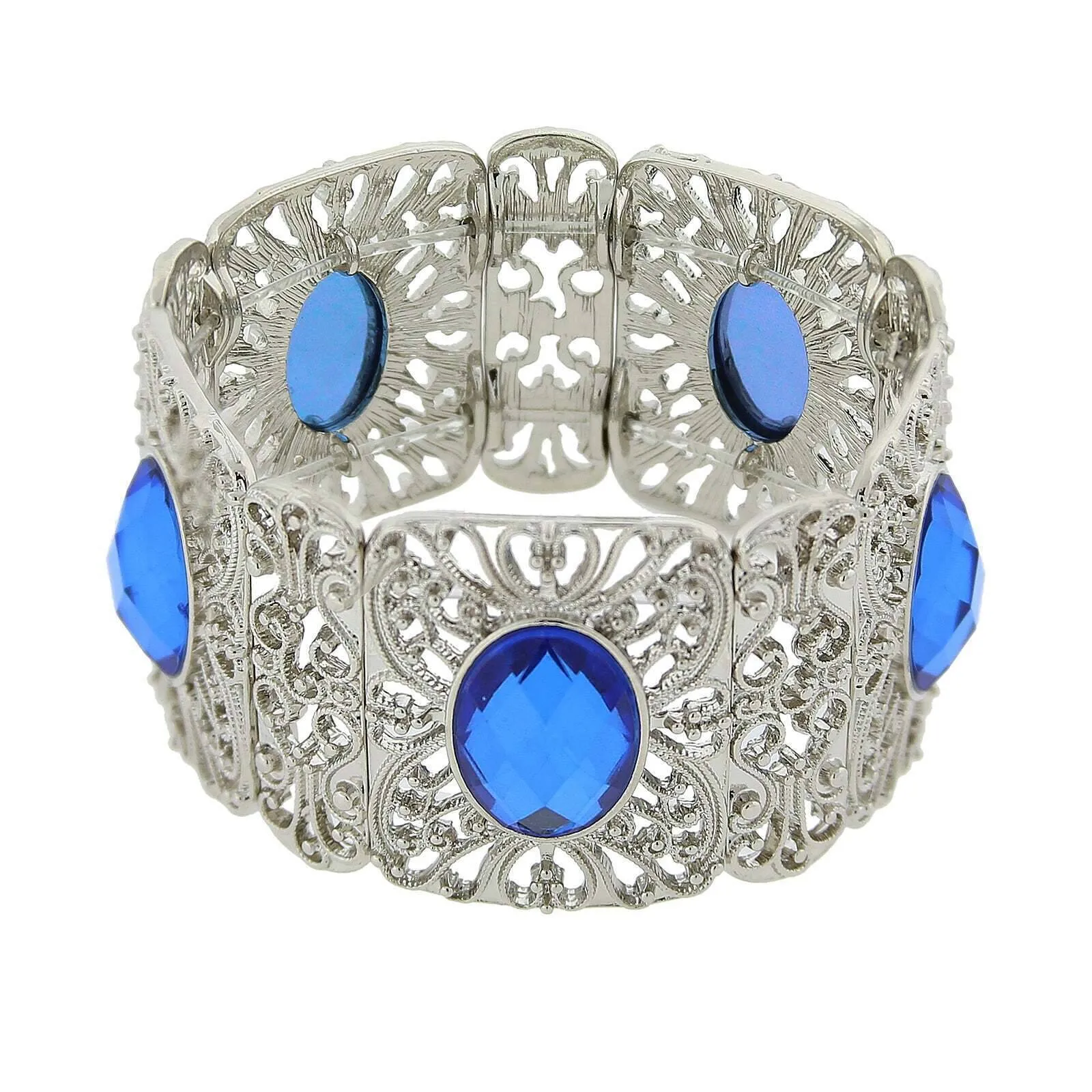 1928 Jewelry Intricate Filigree Oval High Dome Faceted Stretch Bracelet 1928 Jewelry