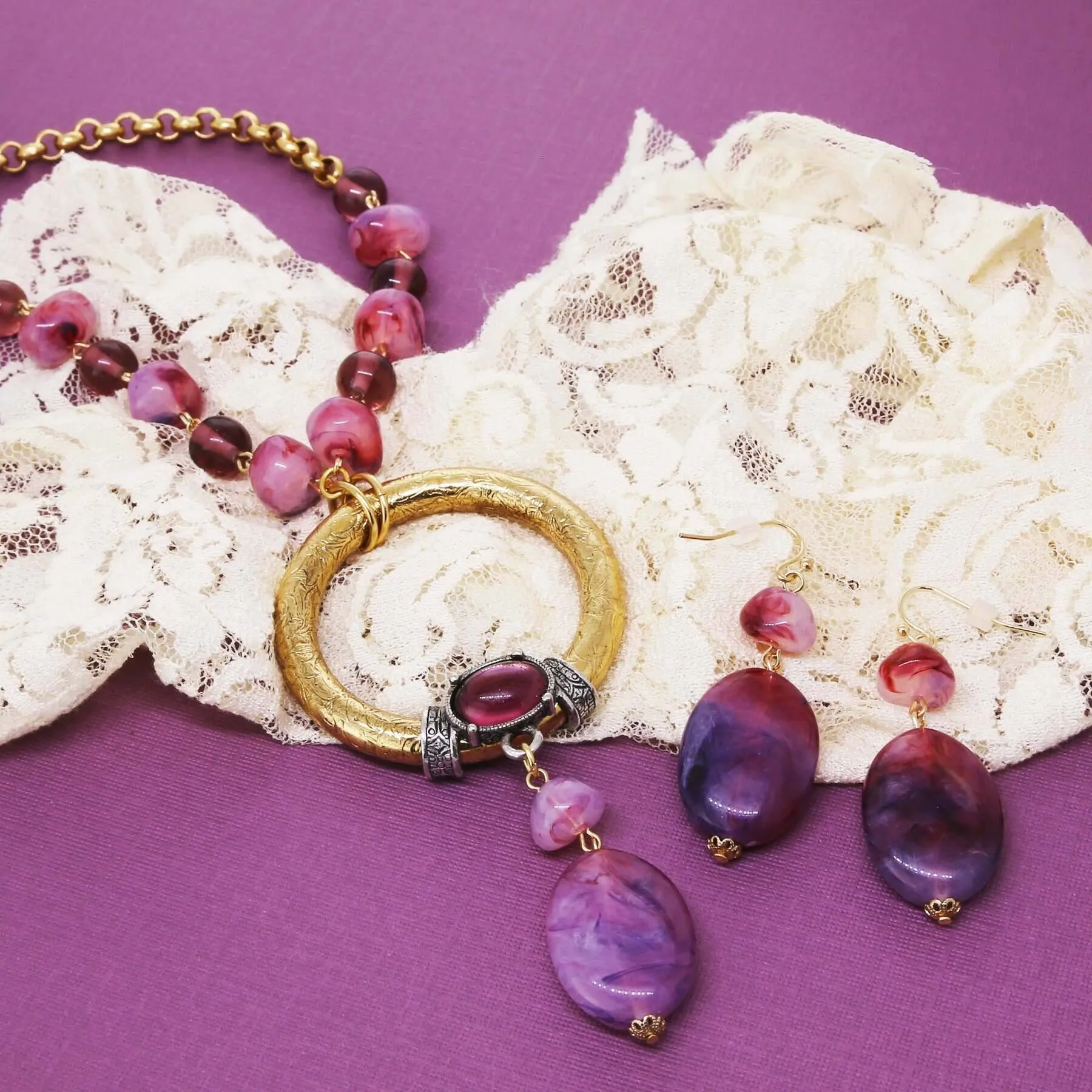 1928 Jewelry Irregular Milk Amethyst Beaded Hoop Drop Necklace 18"   3" Extension 1928 Jewelry