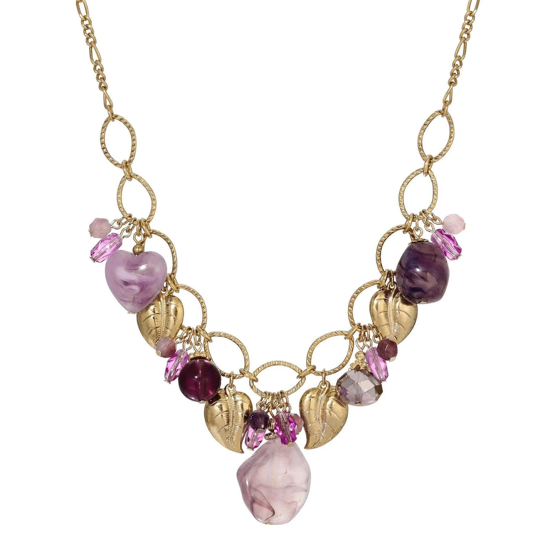 1928 Jewelry Irregular Milky Amethyst & Gold Leaf Charms Necklace 16"   3" Extension 1928 Jewelry