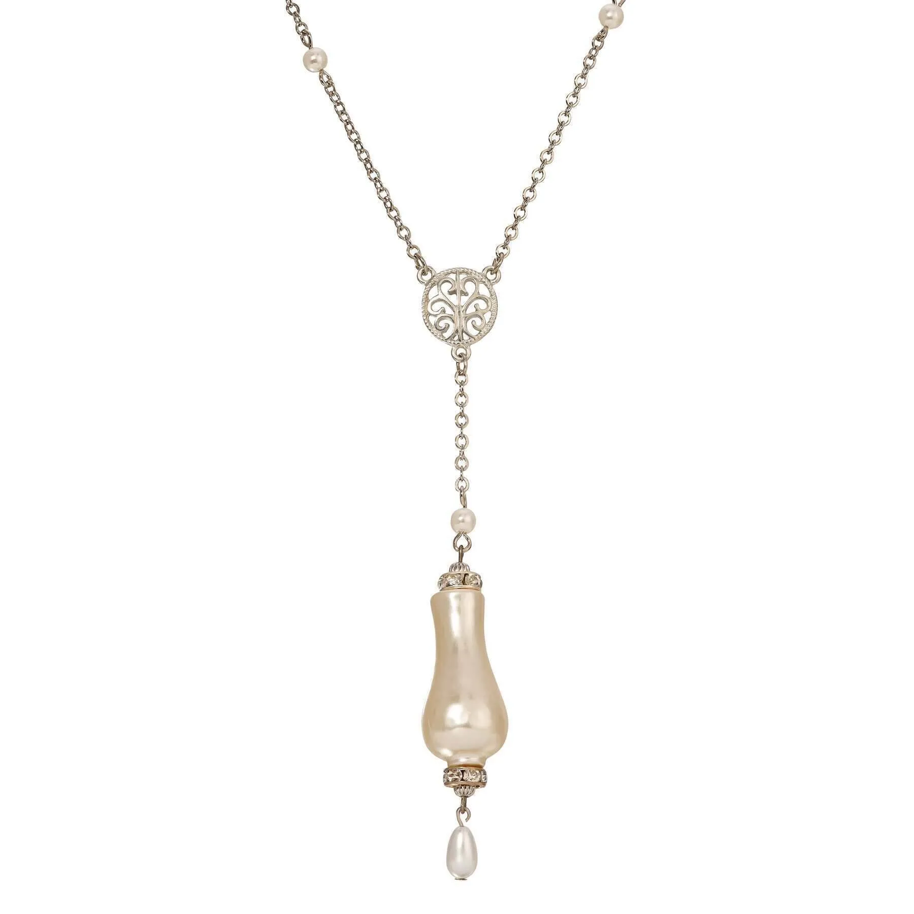 1928 Jewelry Irregular Shape Faux Pearl & Crystals Y Necklace 24" 1928 Jewelry