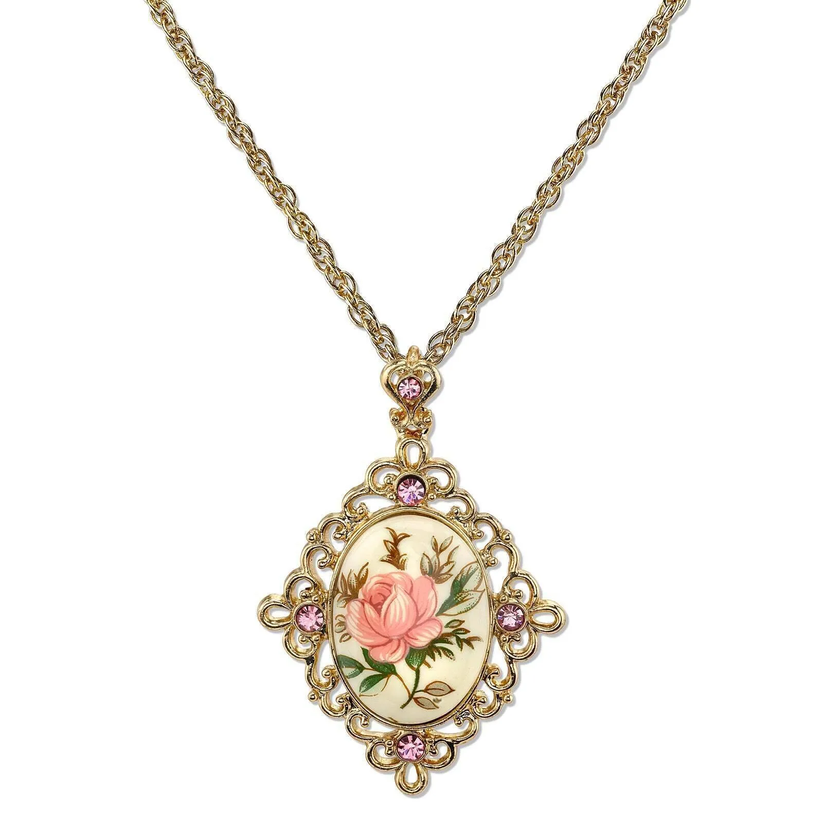 1928 Jewelry Ivory Color Floral Decal  Crystal Accent Pendant Necklace 16"   3" Extender 1928 Jewelry