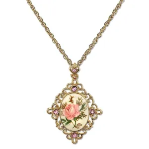 1928 Jewelry Ivory Color Floral Decal  Crystal Accent Pendant Necklace 16"   3" Extender 1928 Jewelry