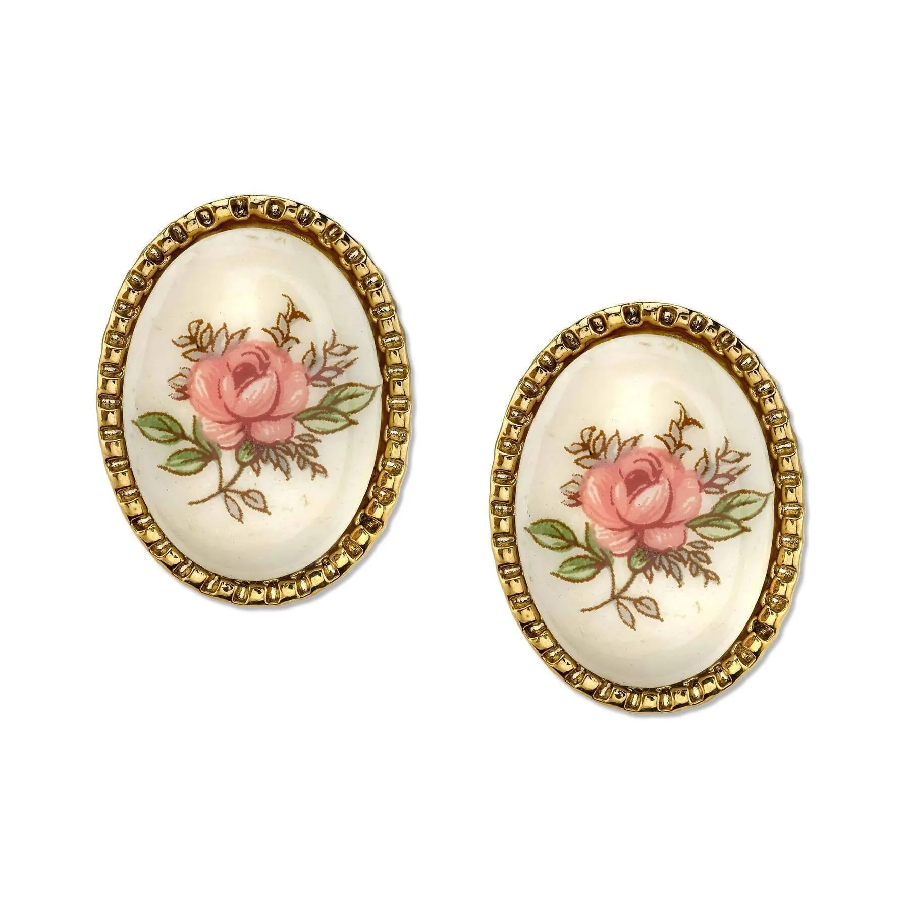 1928 Jewelry Ivory Color With Floral Decal Oval Button Earrings 1928 Jewelry