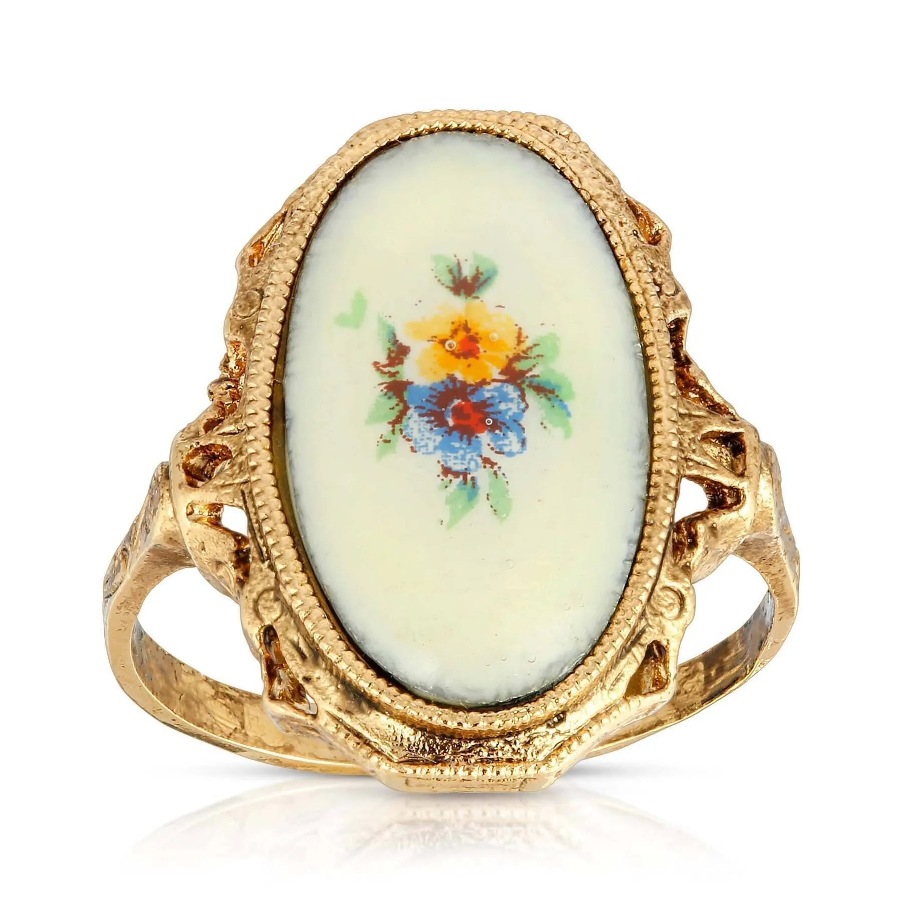 1928 Jewelry Ivory Enamel Blue & Yellow Flower Ring 1928 Jewelry