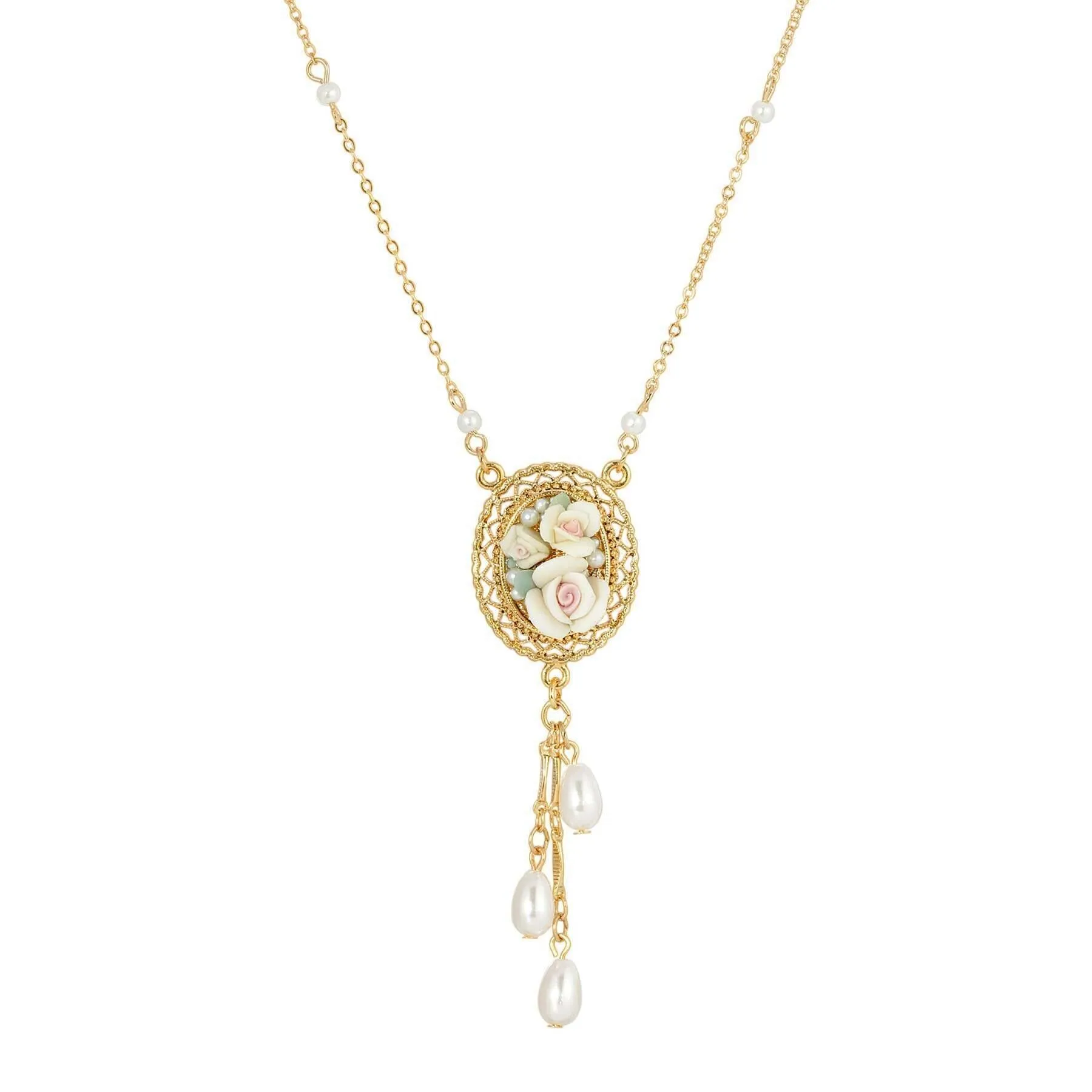 1928 Jewelry Ivory Porcelain Roses Oval Filigree Pendant Faux Pearl Drop Necklace 16"   3" Extender 1928 Jewelry