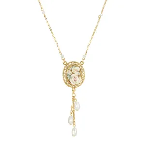 1928 Jewelry Ivory Porcelain Roses Oval Filigree Pendant Faux Pearl Drop Necklace 16"   3" Extender 1928 Jewelry