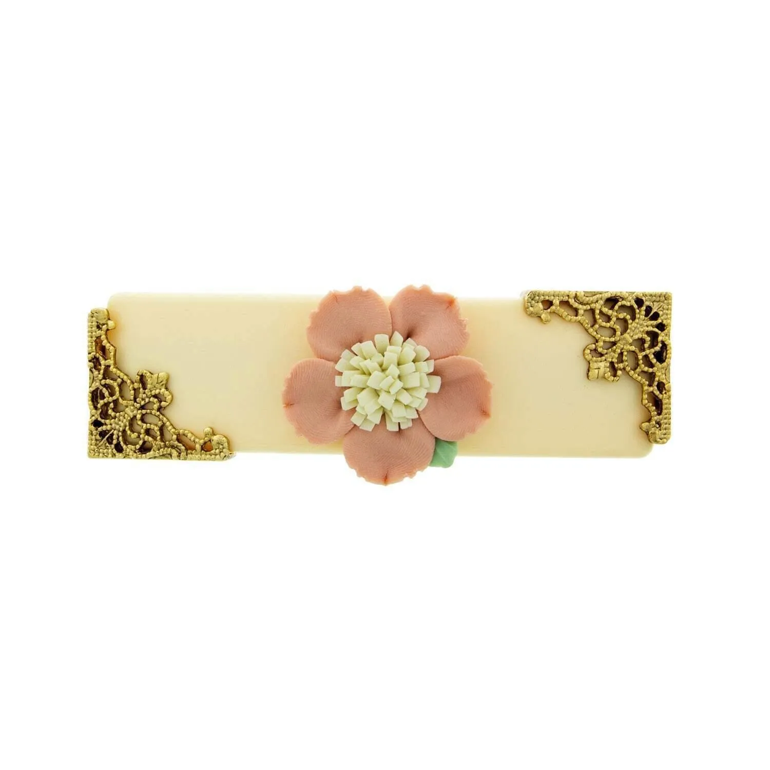 1928 Jewelry Ivory With Pink & White Porcelain Flower Hair Barrette 1928 Jewelry