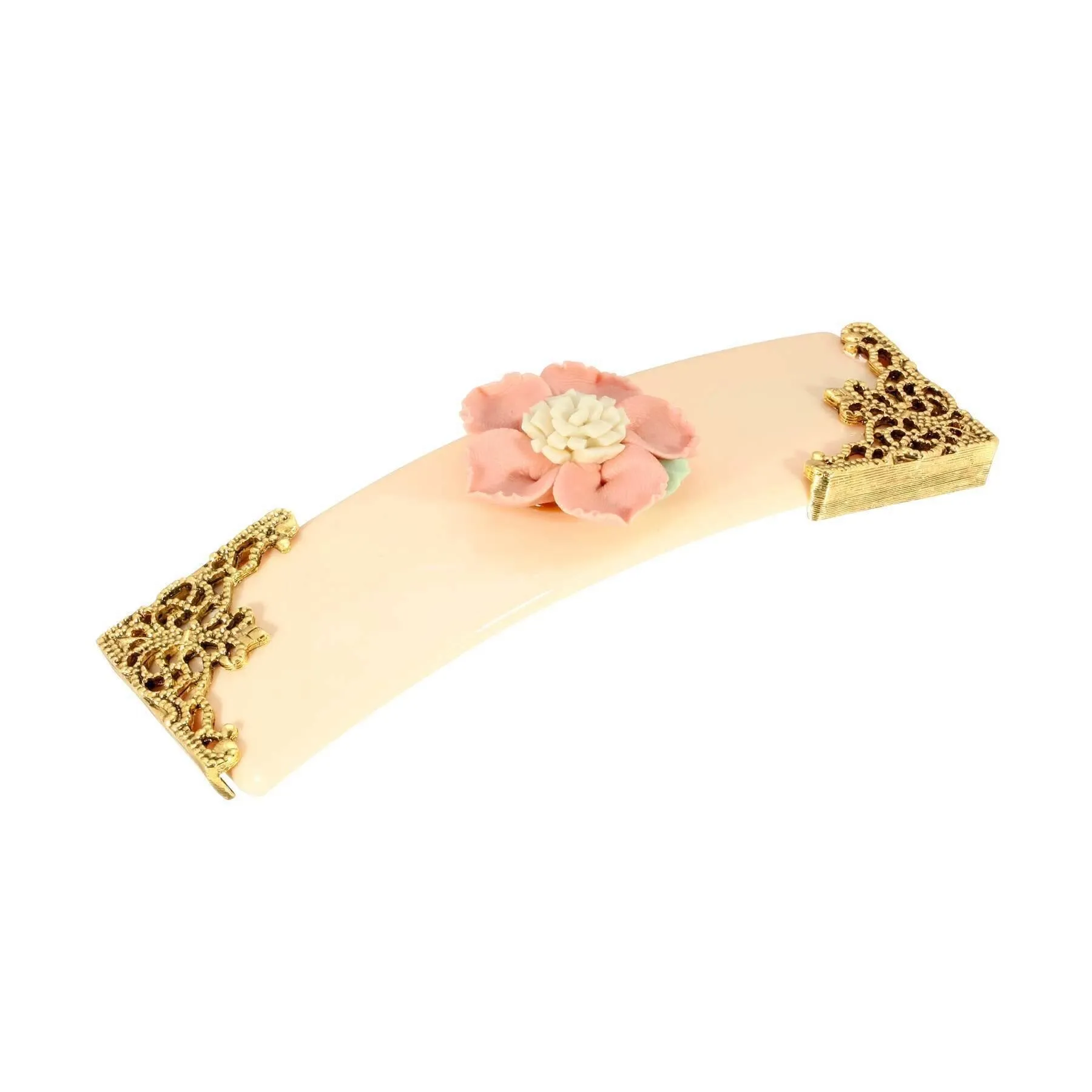 1928 Jewelry Ivory With Pink & White Porcelain Flower Hair Barrette 1928 Jewelry
