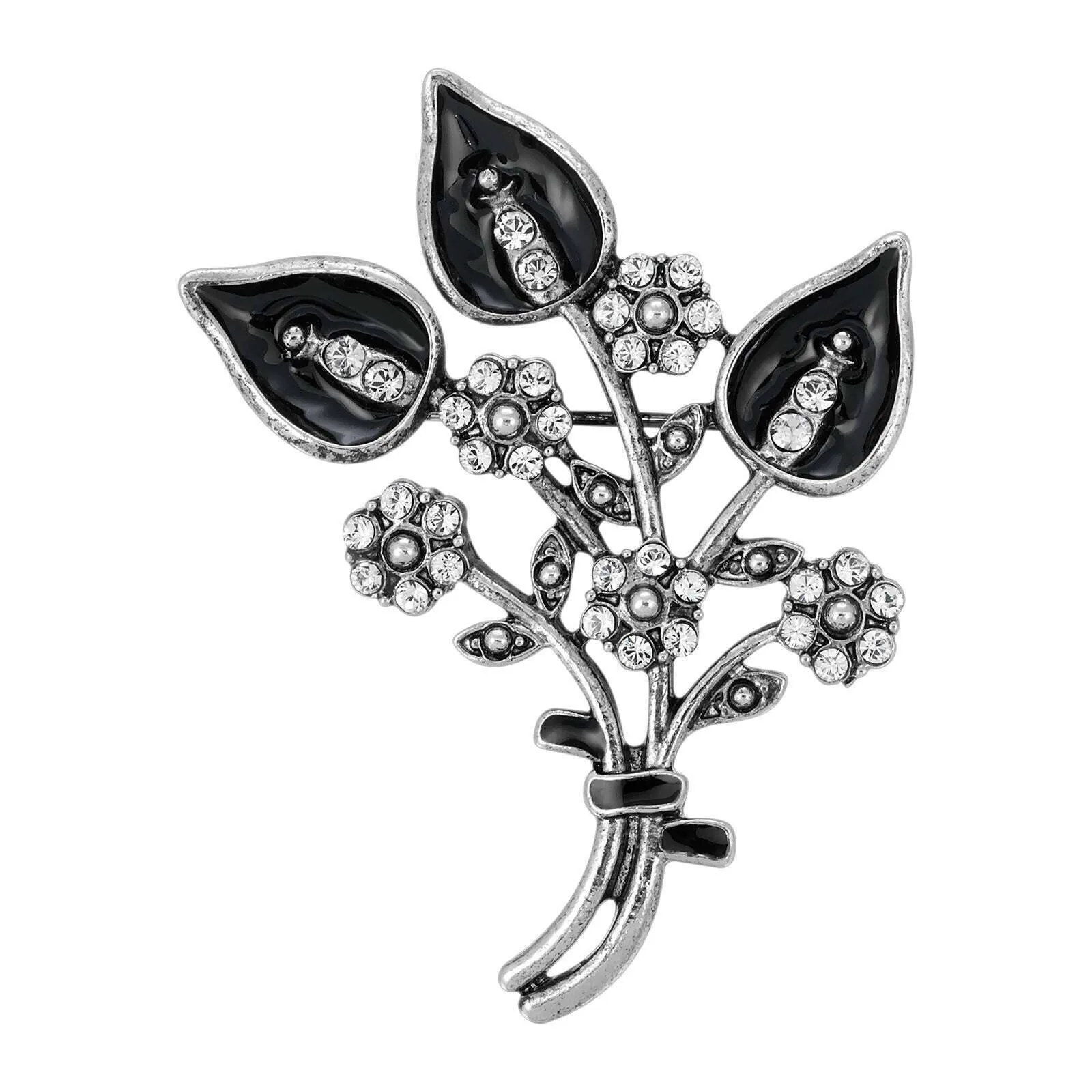 1928 Jewelry Jet Black Enamel & Crystal Flower Pin 1928 Jewelry