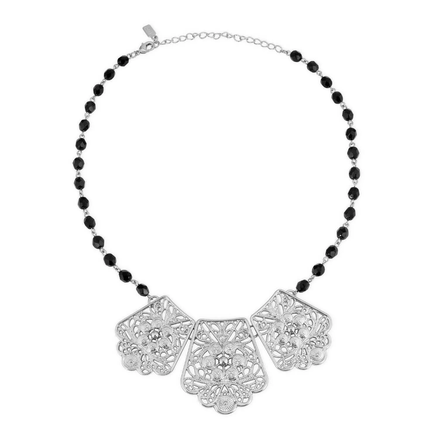 1928 Jewelry Jet Black Glass Beaded Filigree Collar Necklace 16"   3" Extender 1928 Jewelry